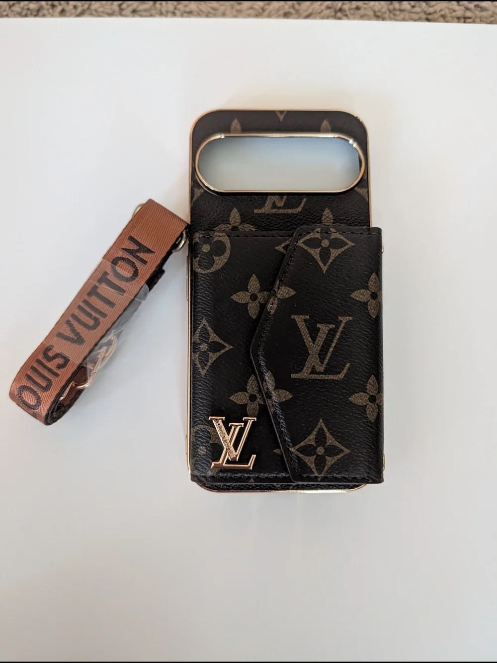 Louis Vuitton Black Monogram Leather Phone Case with Wrist Strap